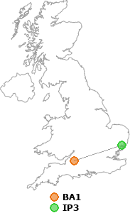map showing distance between BA1 and IP3