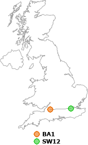 map showing distance between BA1 and SW12