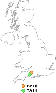 map showing distance between BA10 and TA14