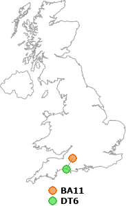 map showing distance between BA11 and DT6