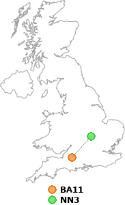 map showing distance between BA11 and NN3