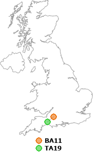 map showing distance between BA11 and TA19