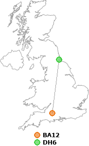map showing distance between BA12 and DH6