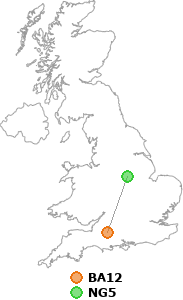 map showing distance between BA12 and NG5