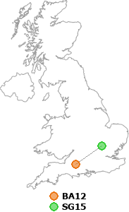 map showing distance between BA12 and SG15