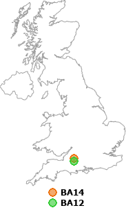 map showing distance between BA14 and BA12