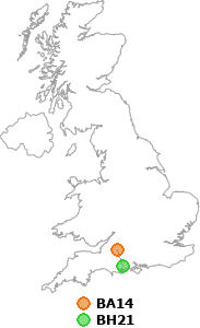 map showing distance between BA14 and BH21