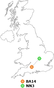 map showing distance between BA14 and NN3