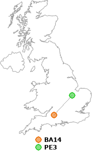 map showing distance between BA14 and PE3