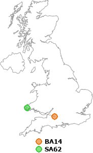 map showing distance between BA14 and SA62