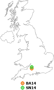 map showing distance between BA14 and SN14