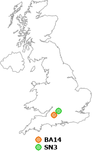map showing distance between BA14 and SN3