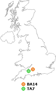 map showing distance between BA14 and TA7
