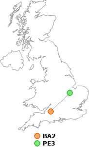 map showing distance between BA2 and PE3