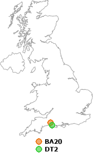 map showing distance between BA20 and DT2