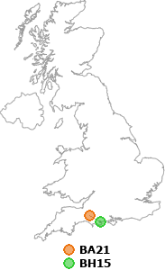 map showing distance between BA21 and BH15