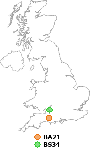 map showing distance between BA21 and BS34