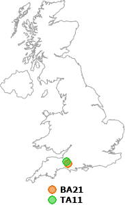 map showing distance between BA21 and TA11