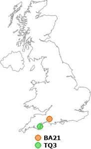 map showing distance between BA21 and TQ3