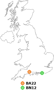 map showing distance between BA22 and BN12