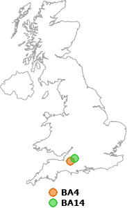 map showing distance between BA4 and BA14