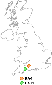 map showing distance between BA4 and EX14
