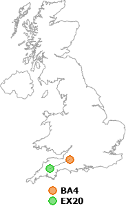 map showing distance between BA4 and EX20