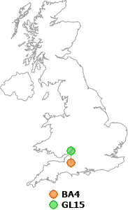 map showing distance between BA4 and GL15