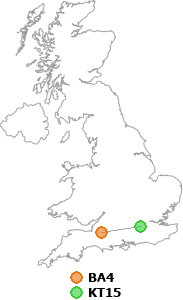 map showing distance between BA4 and KT15