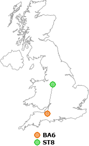 map showing distance between BA6 and ST8