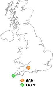 map showing distance between BA6 and TR14