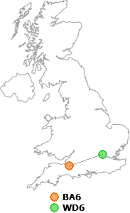 map showing distance between BA6 and WD6