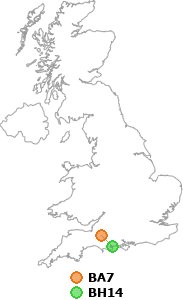 map showing distance between BA7 and BH14