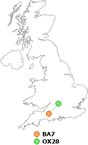 map showing distance between BA7 and OX28