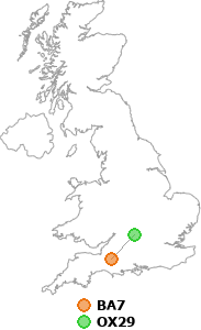 map showing distance between BA7 and OX29