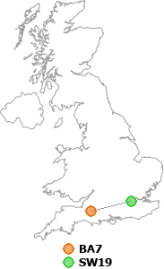 map showing distance between BA7 and SW19