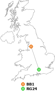 map showing distance between BB1 and RG24