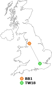 map showing distance between BB1 and TW18