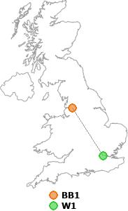 map showing distance between BB1 and W1