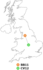 map showing distance between BB11 and CV12