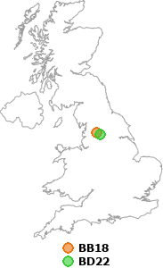 map showing distance between BB18 and BD22
