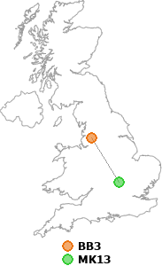 map showing distance between BB3 and MK13