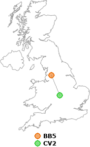 map showing distance between BB5 and CV2
