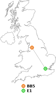 map showing distance between BB5 and E1