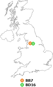 map showing distance between BB7 and BD16