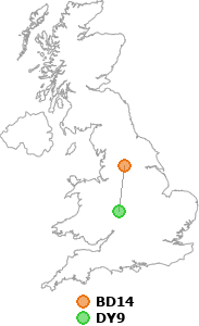 map showing distance between BD14 and DY9