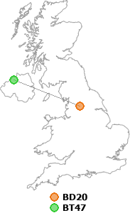 map showing distance between BD20 and BT47