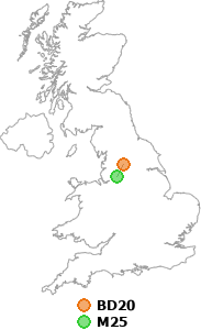 map showing distance between BD20 and M25
