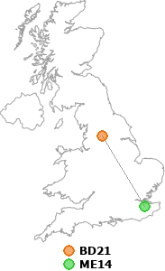 map showing distance between BD21 and ME14
