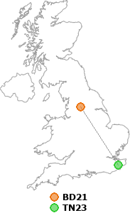 map showing distance between BD21 and TN23